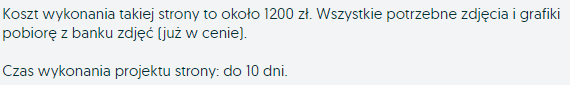 Koszt wykonania takiej strony to około 1200zł. Wszystkie potrzebne zdjęcia i grafiki pobiorę z banku zdjęć (już w cenie). Czas wykonania projektu strony: do 10 dni