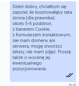 Dzień dobry, chciałbym się zapytać ile kosztowałąby taka strona (dla prawnika): około 5-6 podstron, z banerem Cookie, z formularzem kontaktowym, nie mam domeny ani serwera, mogę stworzyć teksty, nie mam zdjęć. Proszę także o wycenę jej ewentualnego pozycjonowania.