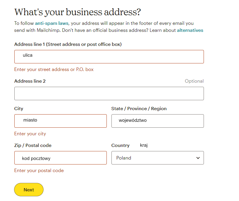 Mailchimp ekran powitalny 2