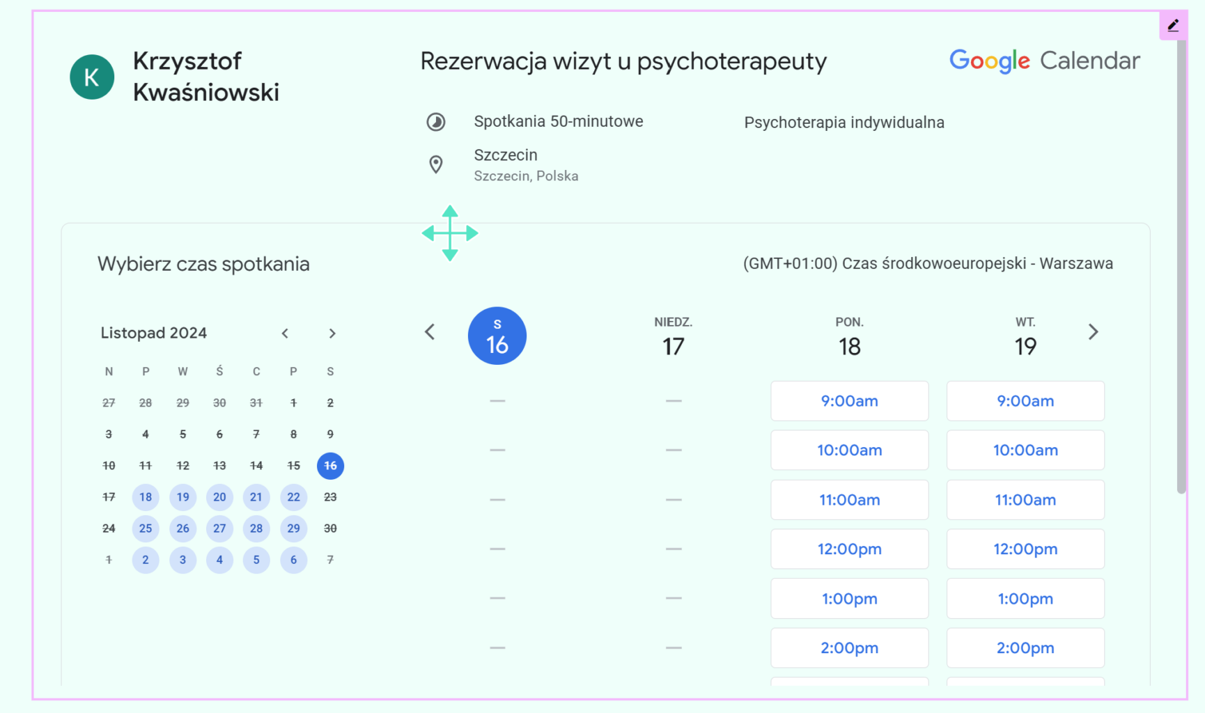 wygenerowany podgląd systemu rezerwacji google