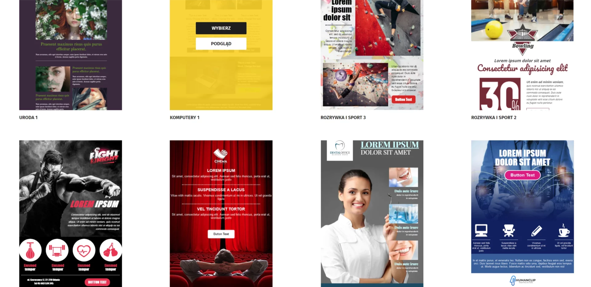 Enjoy Ads Studio zrzut ekranu pokazujący przykładowe szablony w onet mailingi