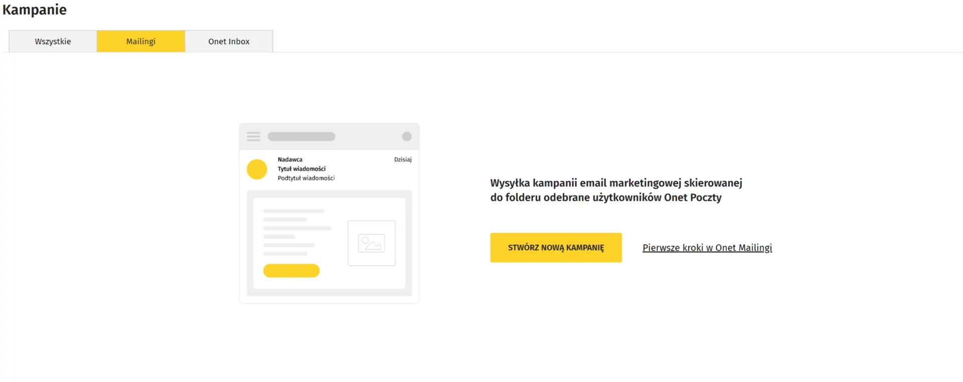 Enjoy Ads Studio zrzut ekranu pokazujący 2 typy kampanii: mailingi i onet inbox