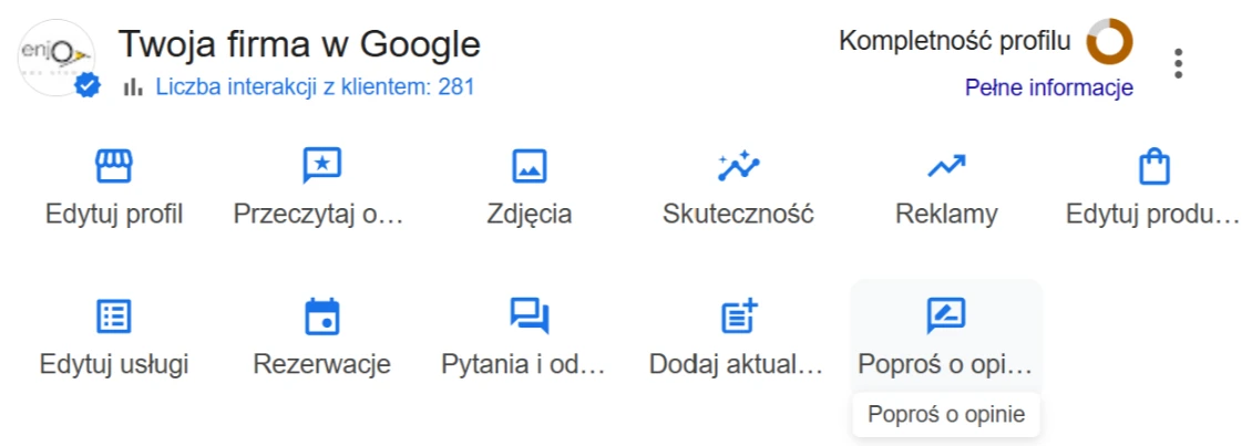 zrzut ekranu z panelu administracyjnego wizytówek google